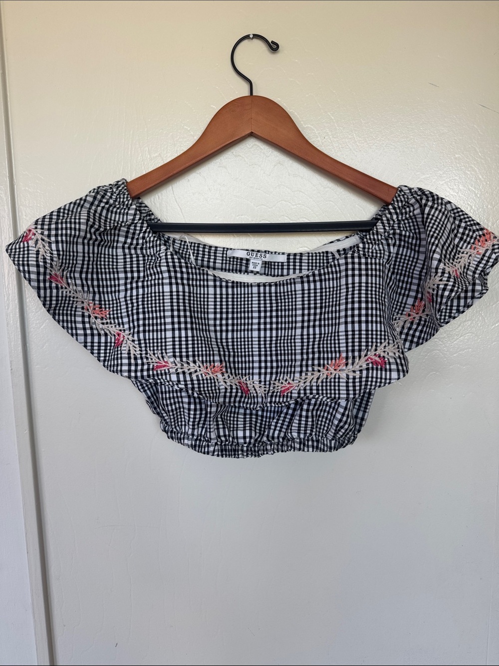 Guess Black & White Gingham Off-Shoulder Crop Top with Pink Embroidery
